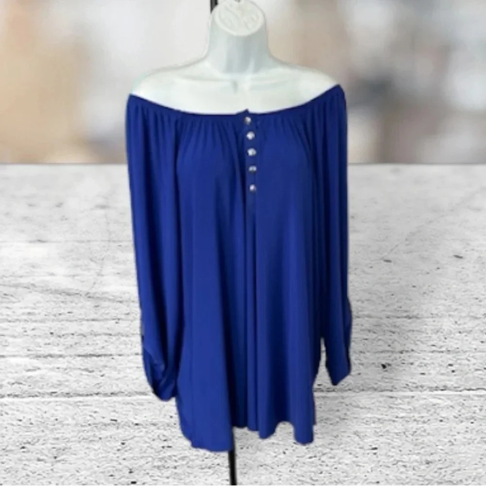Woman XL‎  Blue Popover Royal Blue Top Roll Tab Stretch Slinky Minimalist Flirty